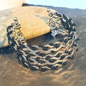 Vintage 90s Y2K Black Silver Beaded Wire Wrap Detail Cuff Bracelet